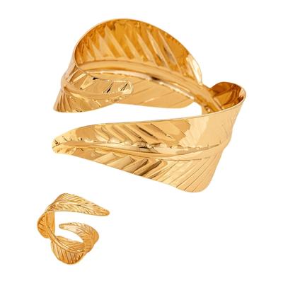 2PCS Geometric Leaves Cuff Bangles and Ring Set for Women Fashionable Retro Metal Open Bracelet Stylish Accessories