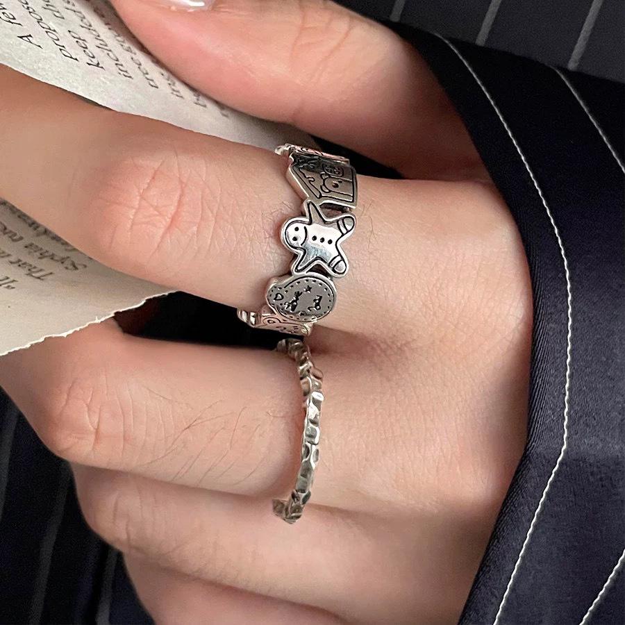 S925 Sterling Silver Graffiti Gingerbread Man & Bear Christmas Ring: Women's Retro Open Index Finger Style