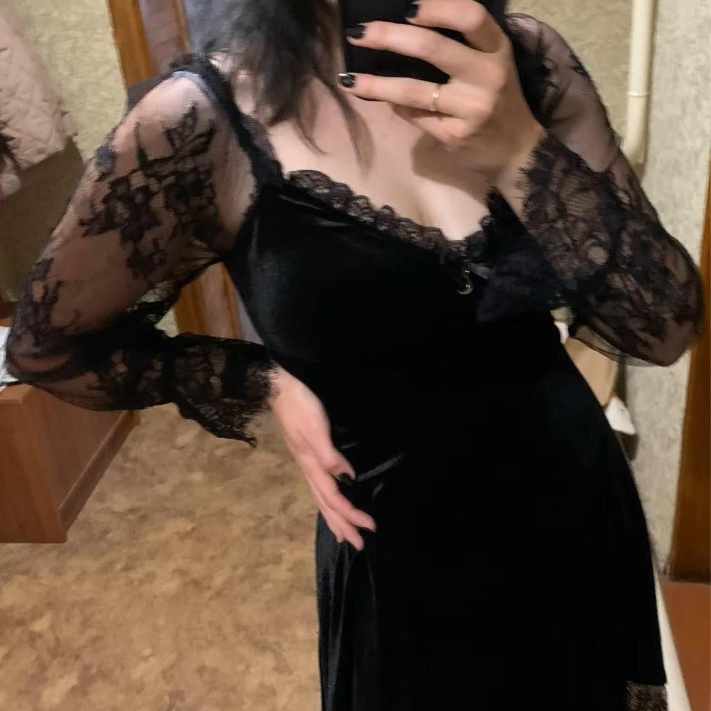 Grunge Goth Gothic Black Mini Dress Lace Trim High Waist Bodycon Women Vintage Punk Lolita Cloth