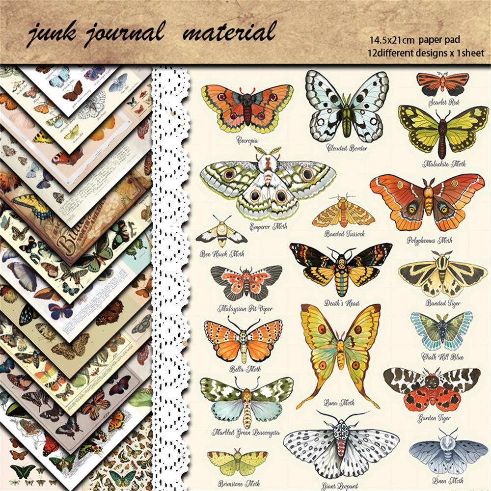 12 Sheets Retro Butterfly Journal Collage Paper - European & American DIY Material