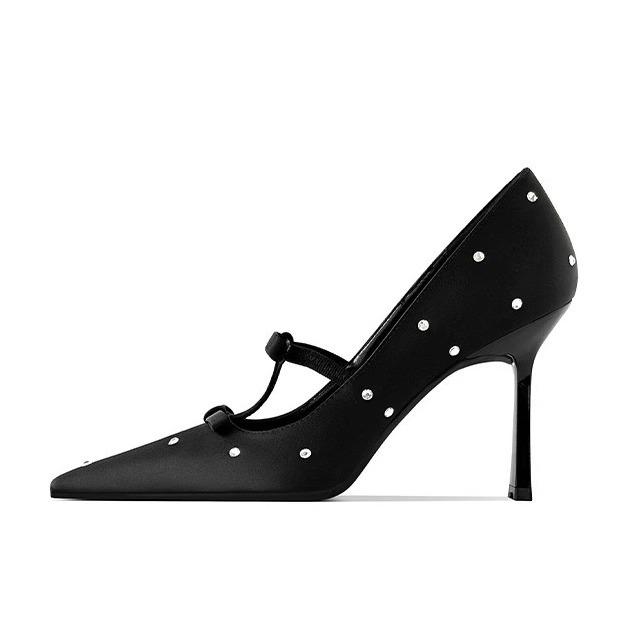 Design Sense Polka Dot Rhinestone Bow Sexy Black High Heels Thin Heel Pointed Head Beautiful Shallow Mouth Backempty Sandals Women