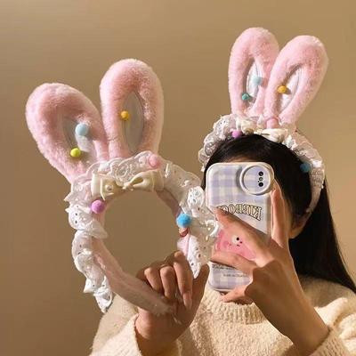 Adorable Lace Trim Bunny Ears Plush Headband for Kids