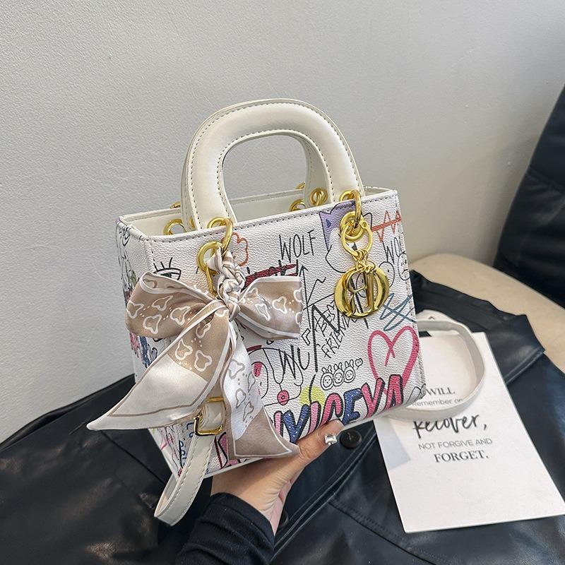 New fashion silk scarf graffiti contrasting color Princess Diana bag portable shoulder oblique span trendy women's bag