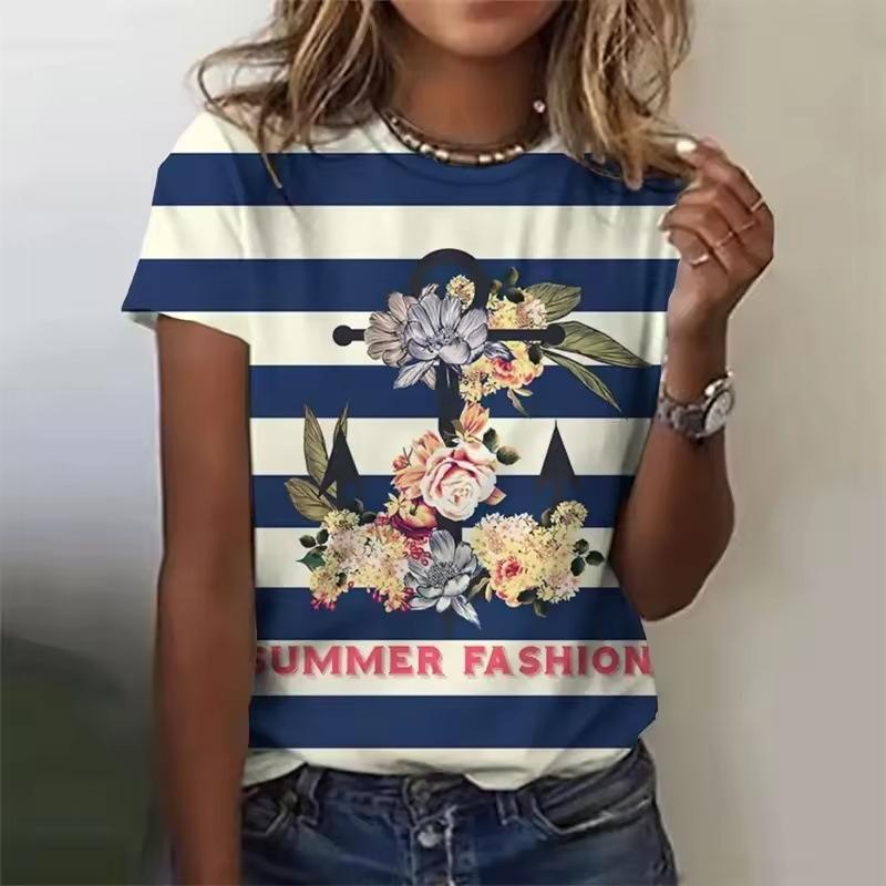 Summer Round Neck 3D Flower Boat Anchor Print Top Fashionable Casual Short Sleeved Women's T-shirts