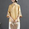 Chinese Style Retro Cotton and Linen Shirt Women's Spring and Summer Chinese Style Stand-up Collar Buttoned Top Embroidered Tea Dress