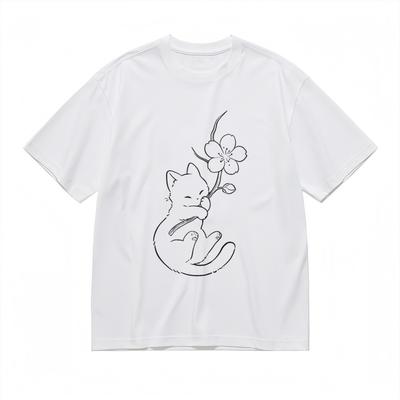 Herren Weiches Atmungsaktives Ganzjahres Klassisches T-Shirt Niedliche Katze mit Blume Baumwoll-T-Shirt