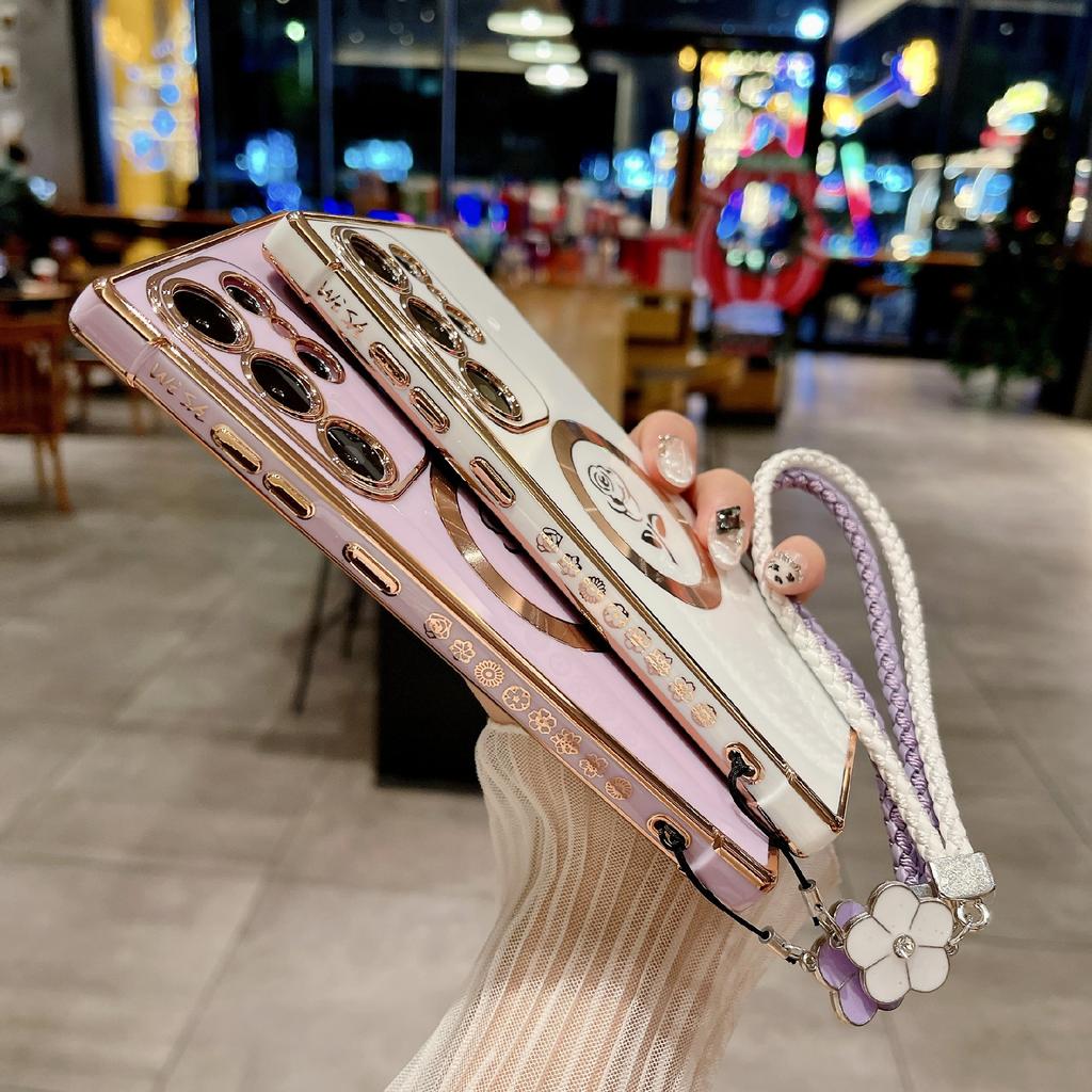 Pro Samsung Galaxy S25 Ultra Magnetické pouzdro s pleteným popruhem Růžový květ Elektroplátovaný TPU kryt na telefon