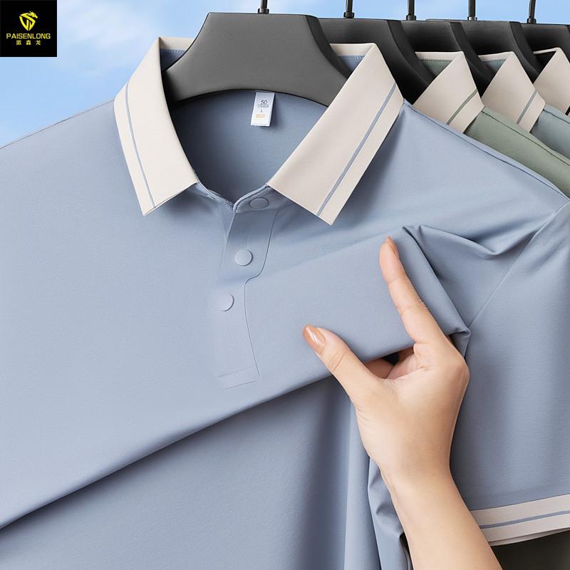 

Spring/Summer Lapel Men s Polo Shirt: Wrinkle-Resistant, Seamless, High-End T-Shirt for Young & Middle-Aged. 4XL серый/синий