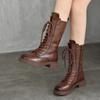 Johnature Genuine Leather Mid-calf Boots Plush Cotton Boots British Style Lace Up Women's Boots