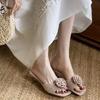 Fashion Fashion Pleated Floral Design Brand Slippers Women Sexy Square Toe Thin Heel Slide Sandals Elegant Comfort Slingback Dress Shoes