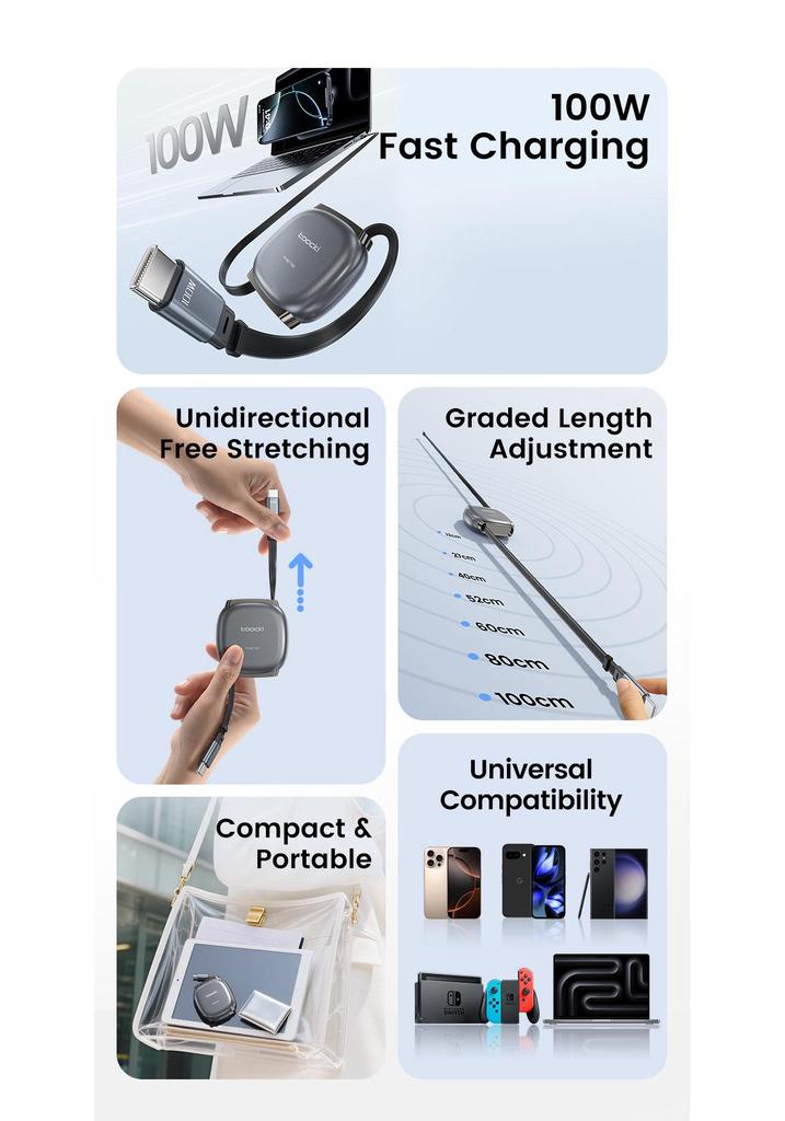 Toocki 100W Retractable Fast Charging Cable for Apple MacBook and iPad