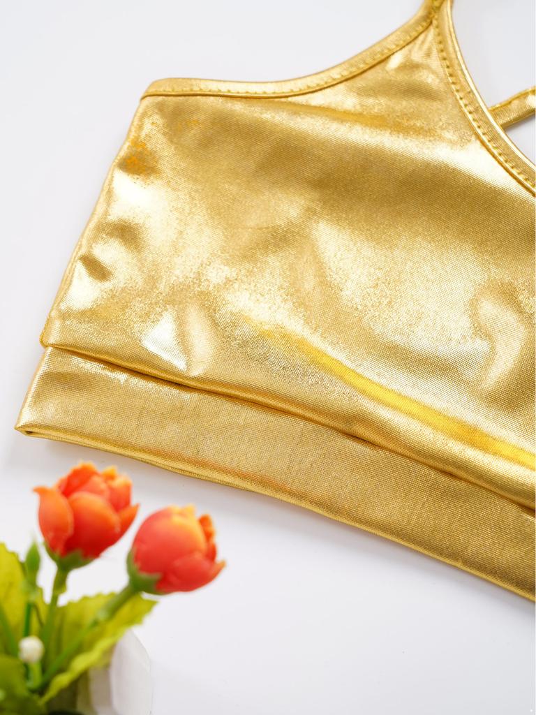 Girls Gymnastics Dance Camisole Crisscross Strappy Back Metallic Crop Top