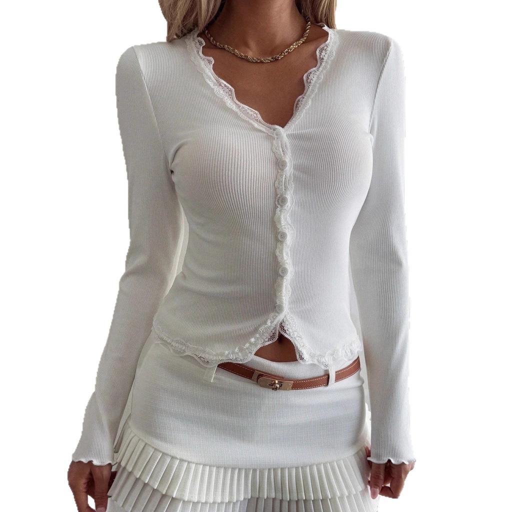 Herbst Winter V-Ausschnitt Spitze Patchwork Streifen Offen Vorne Strickjacke T-Shirt Langarm Damen Oberteil Mode Täglich Basis Lässig Slim Fit Damen Elegantes Oberteil