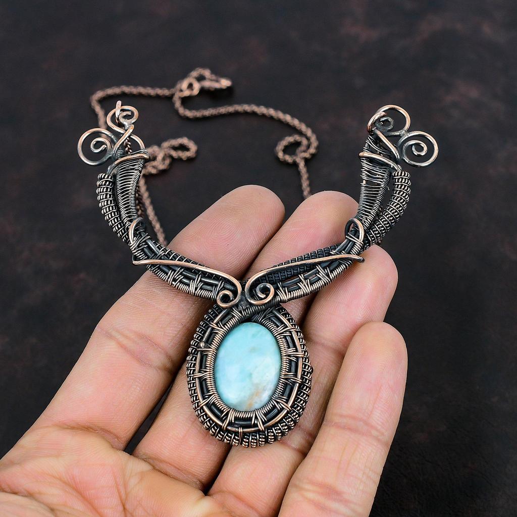 Larimar Necklace Copper Wire Wrapped Jewelry Natural Gemstone Necklace Copper Necklace Handmade Jewelry Wire Wrap Necklace Gifts For Mother
