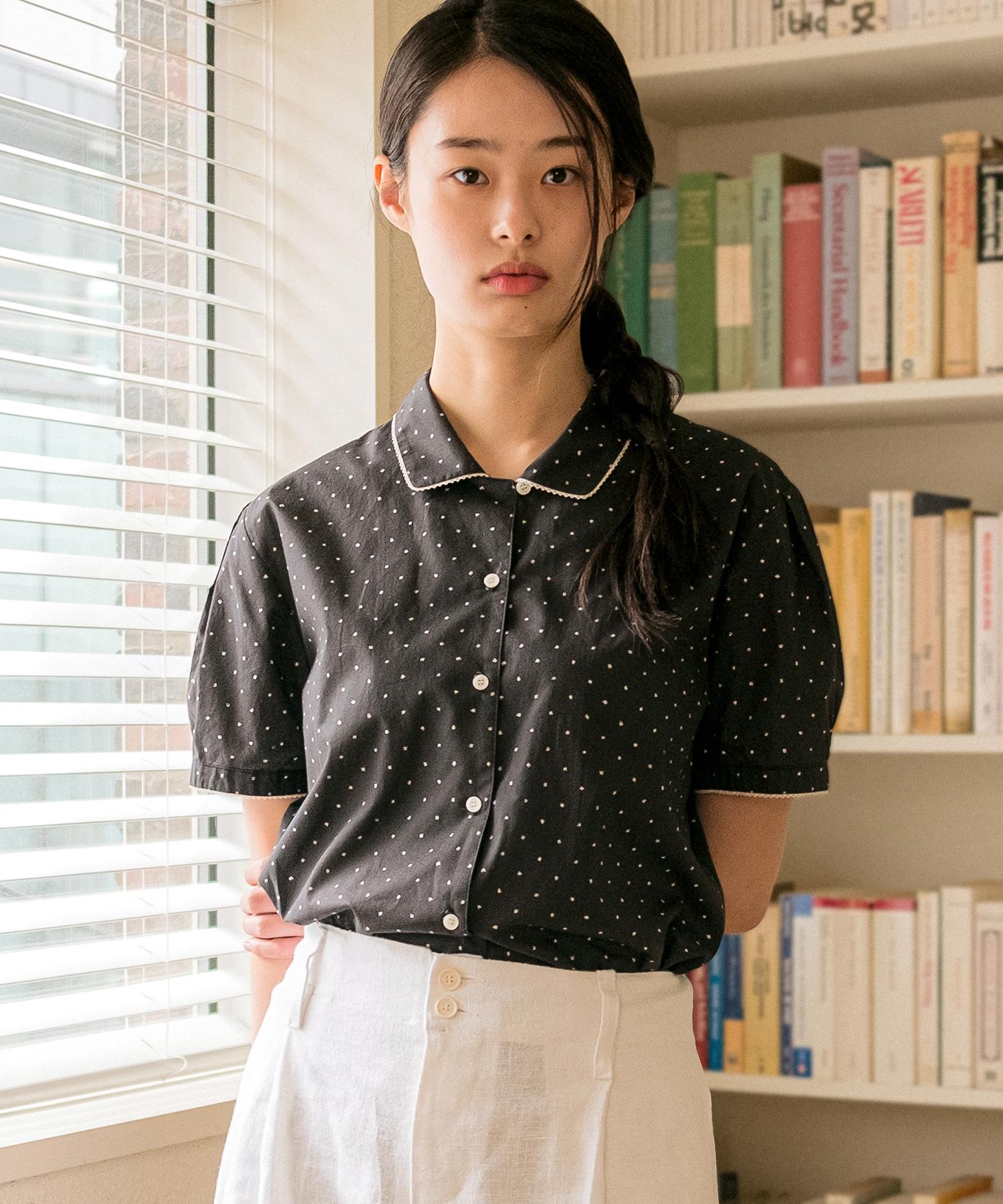 Cotton Bell Lace Point Pattern Shirt - Black Black/Free