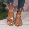 Modne szampańskie sandały na niskim obcasie z paskami wokół kostki damskie lekkie płaskie sandały z krzyżowym wiązaniem damskie modne letnie antypoślizgowe sandały damskie