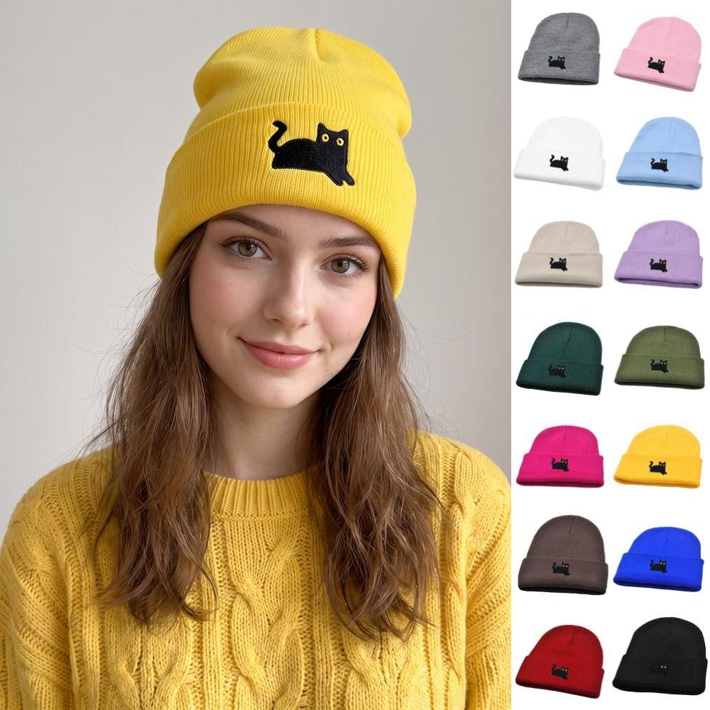 Warm Embroidered Cat Knitted Hat Cute Knit Cap Retro Winter Caps  Winter