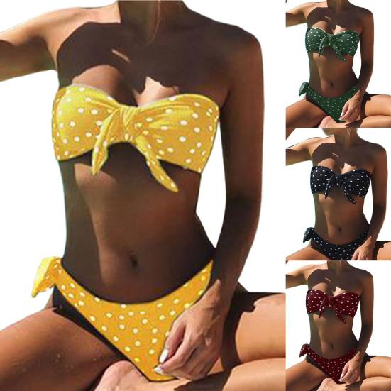 Set da 2 pezzi/set costume da bagno con stampa a punti e colori a contrasto, set di costumi da bagno con lacci per il nuoto