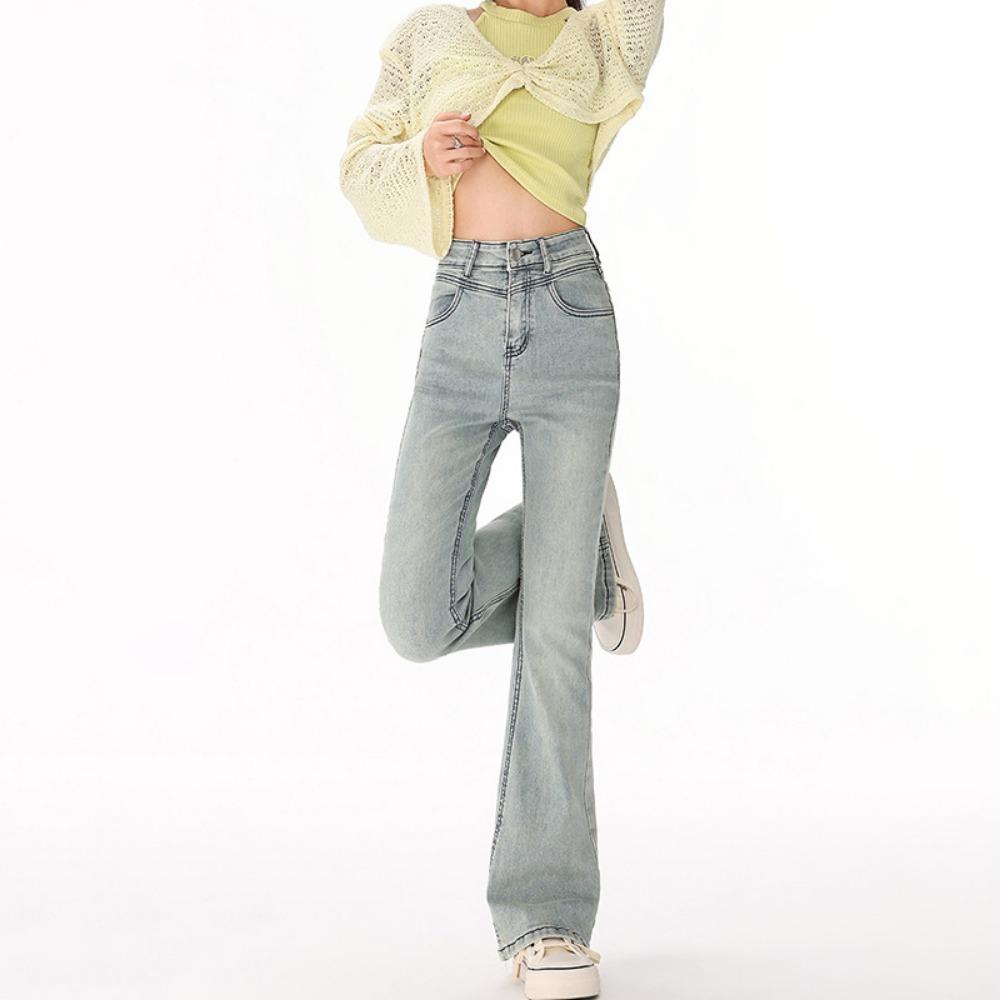 

Женские джинсы с высокой посадкой, выстиранные, осенне-зимние, новый дизайн, нишевые и стройнящие, для通勤, универсальные брюки-клеш, тренд XL