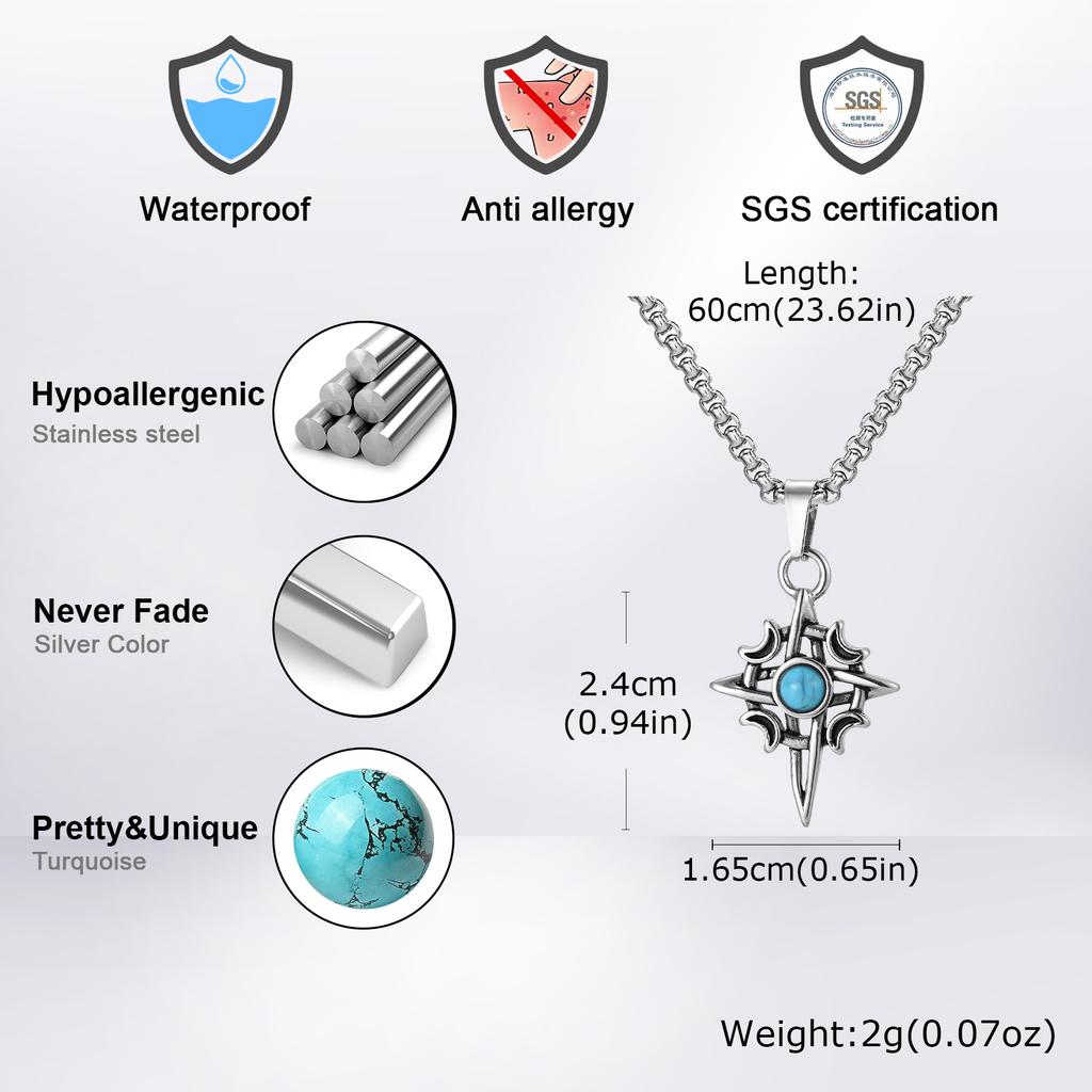 Turquoise Natural Stone Geometric Pendant Necklace for Men Male, Stainless Steel Moon Star Charm Waterproof Fashion Jewelry Gift