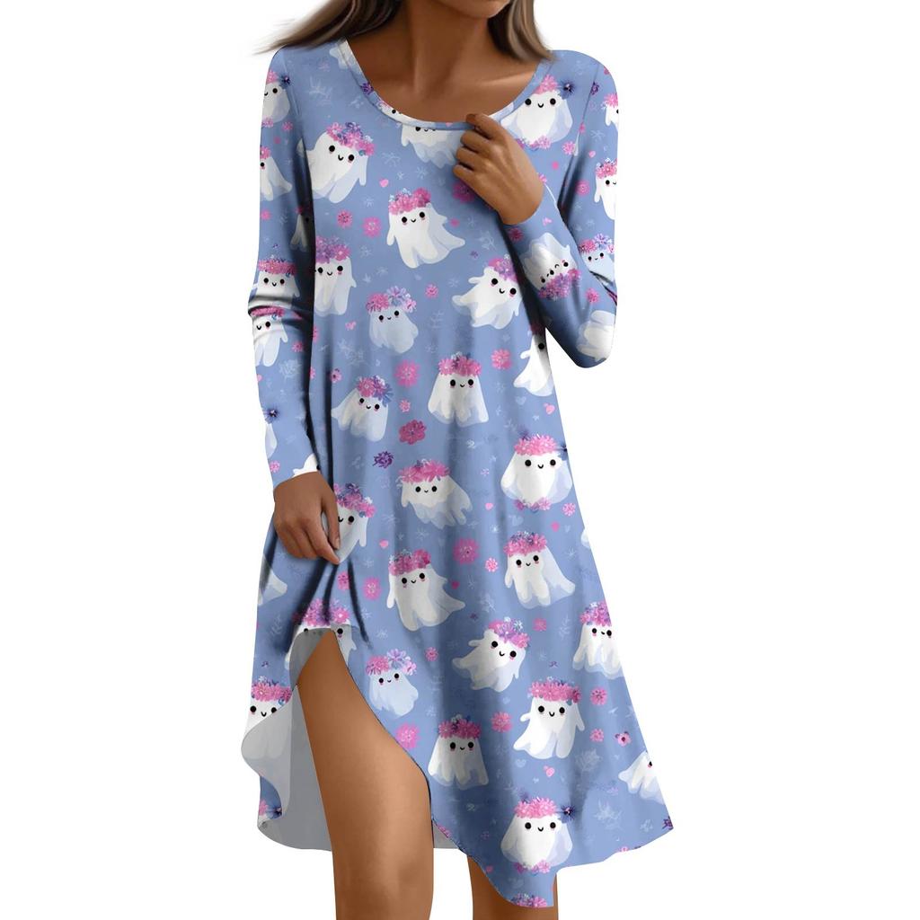 Ladies Halloween Party Dress 3D Horror Pumpkin Ghost Print Long Sleeve Round Neck Casual A-Line Dress Vestidos