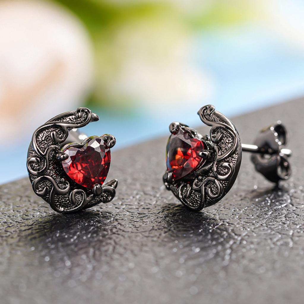 Vintage Black Plated Moon Red Heart Earrings for Women
