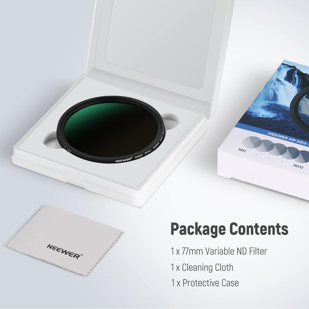 NEEWER 77mm HD Variable ND Filter No X Layer Nano Thin Aluminum Alloy Prevention Adjustable Neutral Density Filter ND2-ND32 (1-5 Stops) Cross/Optical