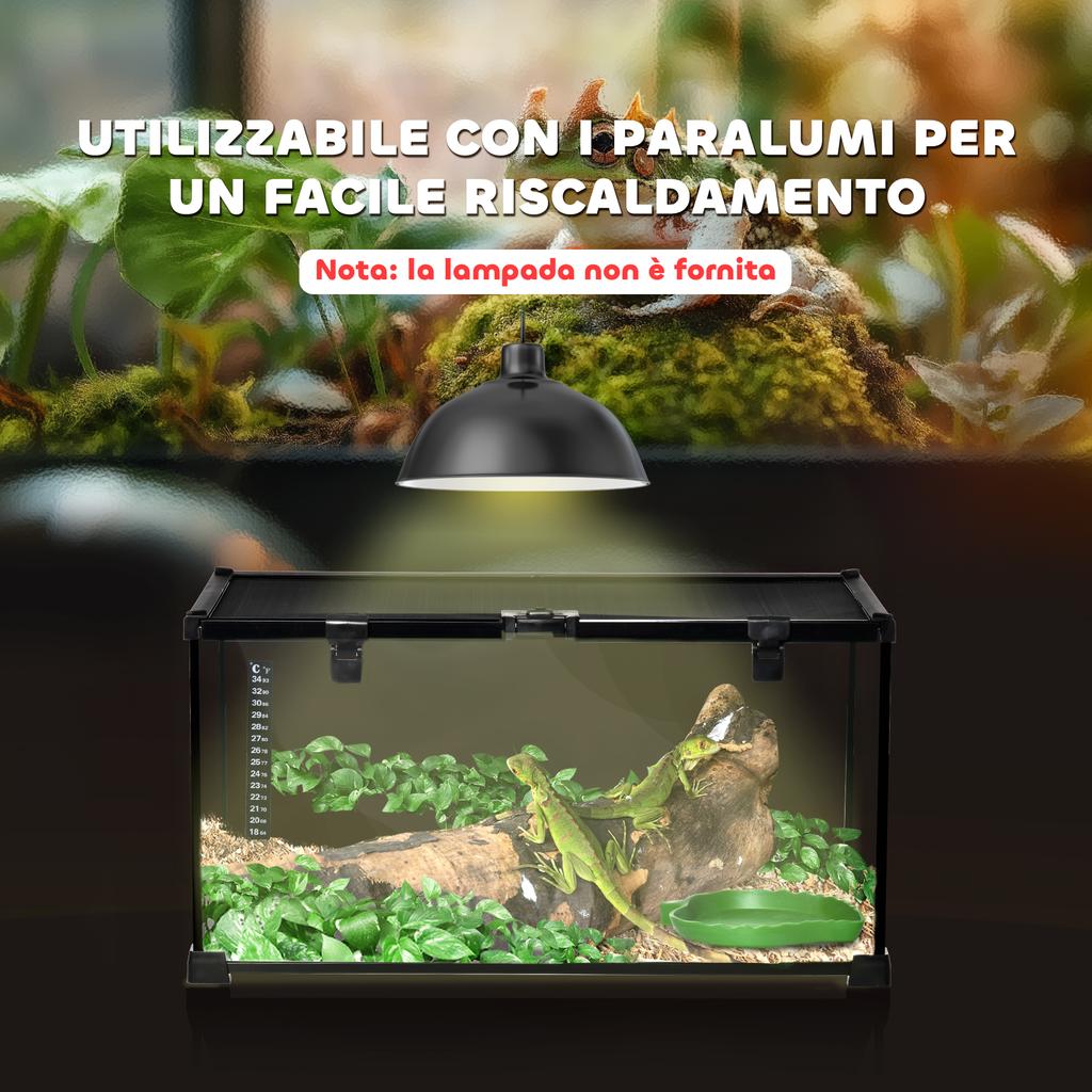 Raised Reptile Terrarium with Lock and Thermometer, Glass and Wire Mesh, 50x30x25 Cm, Black