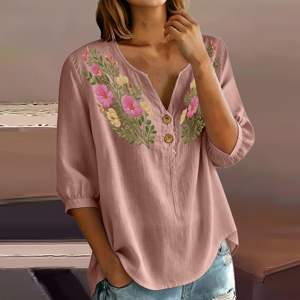 Women Floral Pattern Henley Button Neck Shirt Three Quarter Sleeve Casual Cotton Linen Blouse Lightweight Breathable Top
