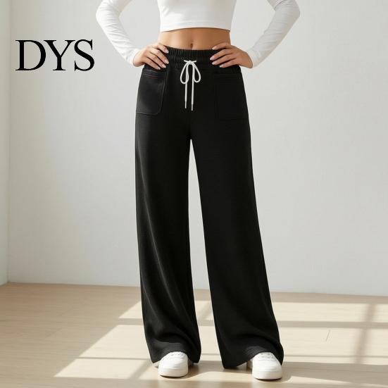 Lounge Wear Pants Women Wide Leg Pants, Drawstring Waist Loose Casual Adjustable Trousers Trousers, Solid Color Palazzo with Pockets
