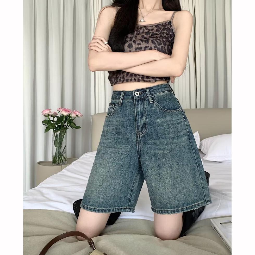 Denim Pants Pockets Vintage High Waist Shorts Women Wide Leg Streetwear Jeans Button Zipper