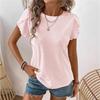 Ladies Summer O Neck Ruffles Short Sleeve Solid Color Pullover T Shirt Top