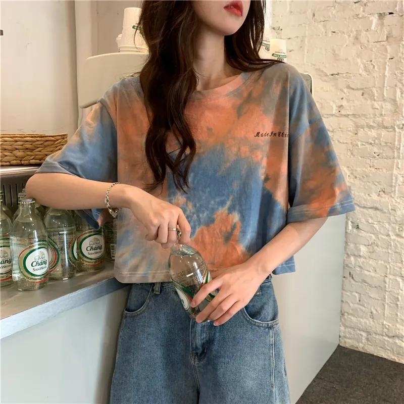 

Жіноча футболка з короткими рукавами з прив’язкою та фарбуванням, літній дизайн, ніша, укорочений пупок, короткий топ для дівчат, модний короткий топ для школярок у стилі K Pop XXL помаранчевий