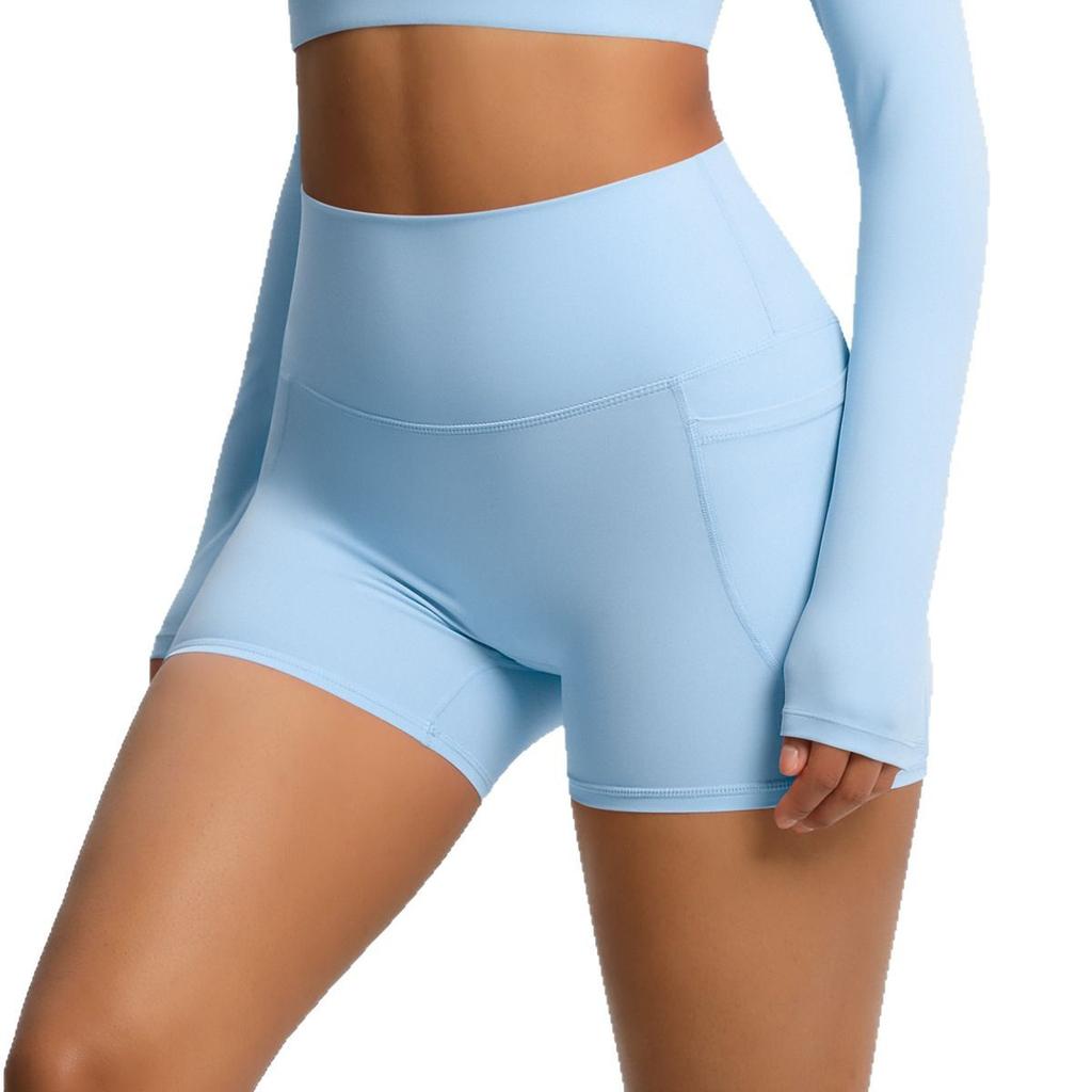 Pantaloni da yoga tinta unita con tasche – pantaloncini fitness traspiranti a vita alta snellenti per donna