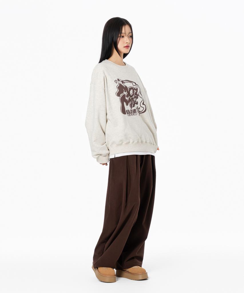 MOZMOZ [Set] Twinkle Oversized Sweatshirt + Corduroy One-Pleat Wide Pants Oatmeal
