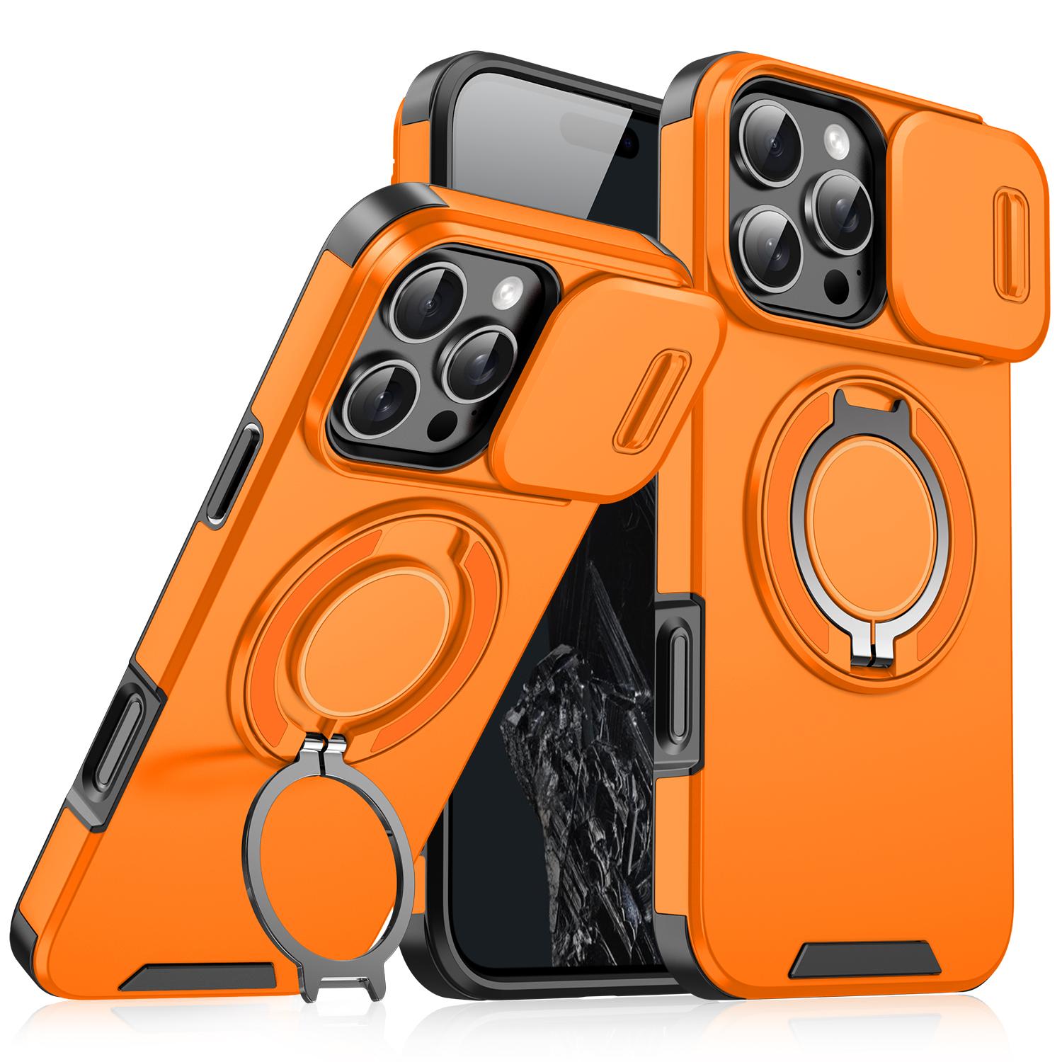 

For iPhone 16 Pro Case Kickstand TPU+PC Magnetic Phone Cover with Camera Lens Slide Lid Orange