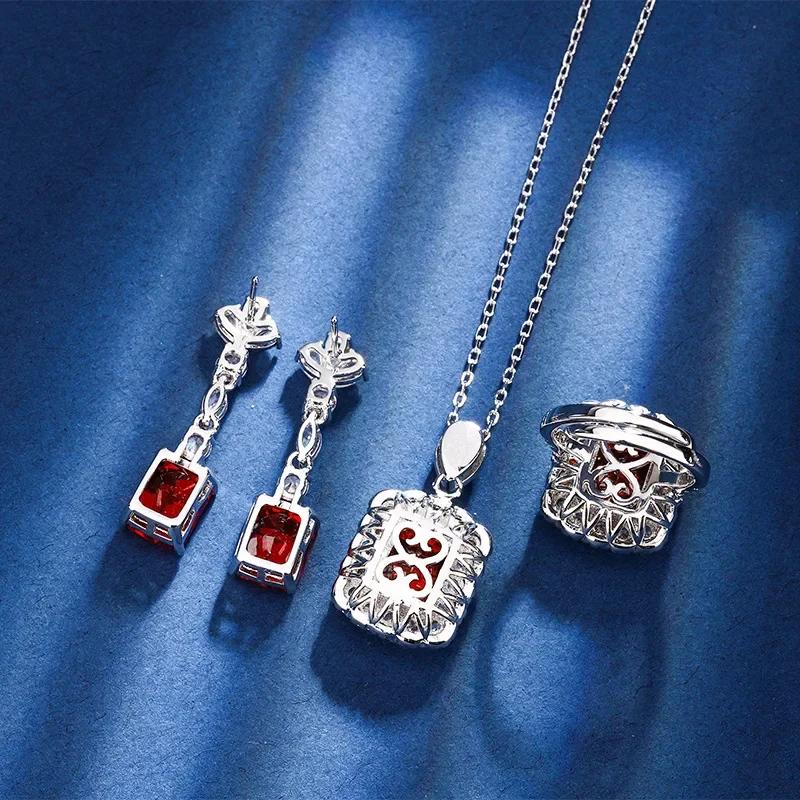 Elegant Square Red Gemstone Jewelry Adjustable Ring Necklace Petal Earrings Women Sparkling Statement Pieces Dress Accessories