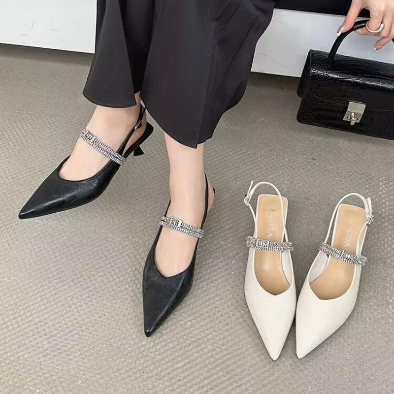 Fashion New Summer Women's Luxury Slingback Low-heel Sandals Silvery Pointed Woman Mules Fashion Rear Trip Strap Flat Bottom Beach Shoes