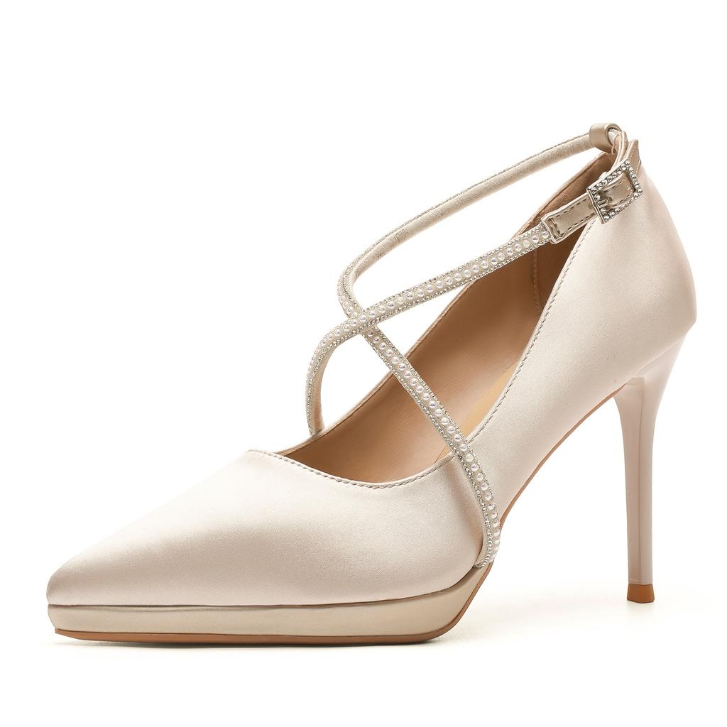 10529 [sheepskin] High Heels Women's Thin Heels 2025 New French Pointed Cross with Waterproof Table Single Shoes