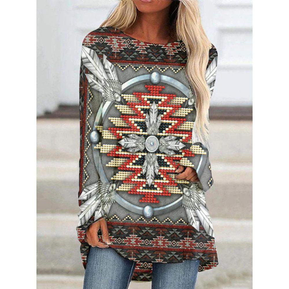 T-shirt z nadrukiem 3D Koszulki Damska Moda T-shirt Długi Rękaw Etniczne Top Topy Nadruk Natywny T-shirt Długie Top Damskie