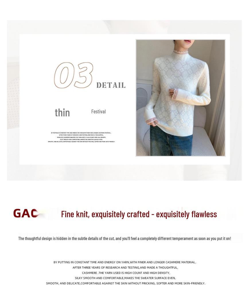 High-End Women's Cashmere Knit Lace Top - Long Sleeve, Half High Collar, Mesh Base Layer for Spring & Autumn