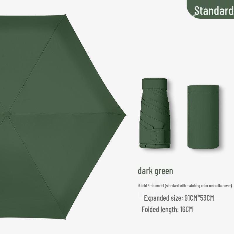 Compact Ultra-Light Six-Fold Capsule Umbrella with Black Glue Sun Protection and Hook