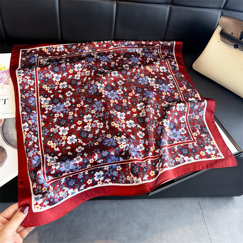 Literary small floral simulation silk printing women's silk scarf square scarf high-end shawl sunscreen neck scarf headscarf scarf