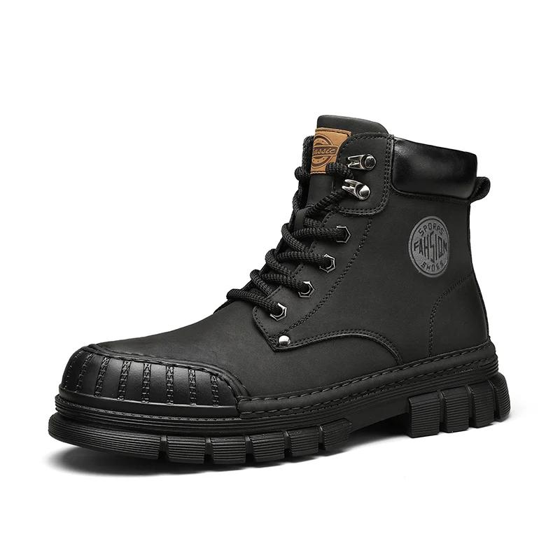 Fashion Italian Handsome Motorcycle Boots Thick Soled Wear-resistant Men's Workwear Boots Trendy Men's Genuine Leather Short Boots