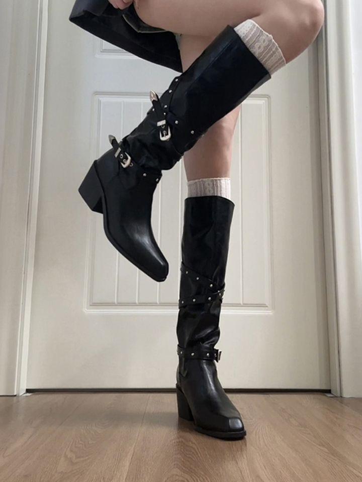 2025 new thick heel rivet belt buckle boots women's autumn and winter spice girl knight boots tall boots western cowboy boots