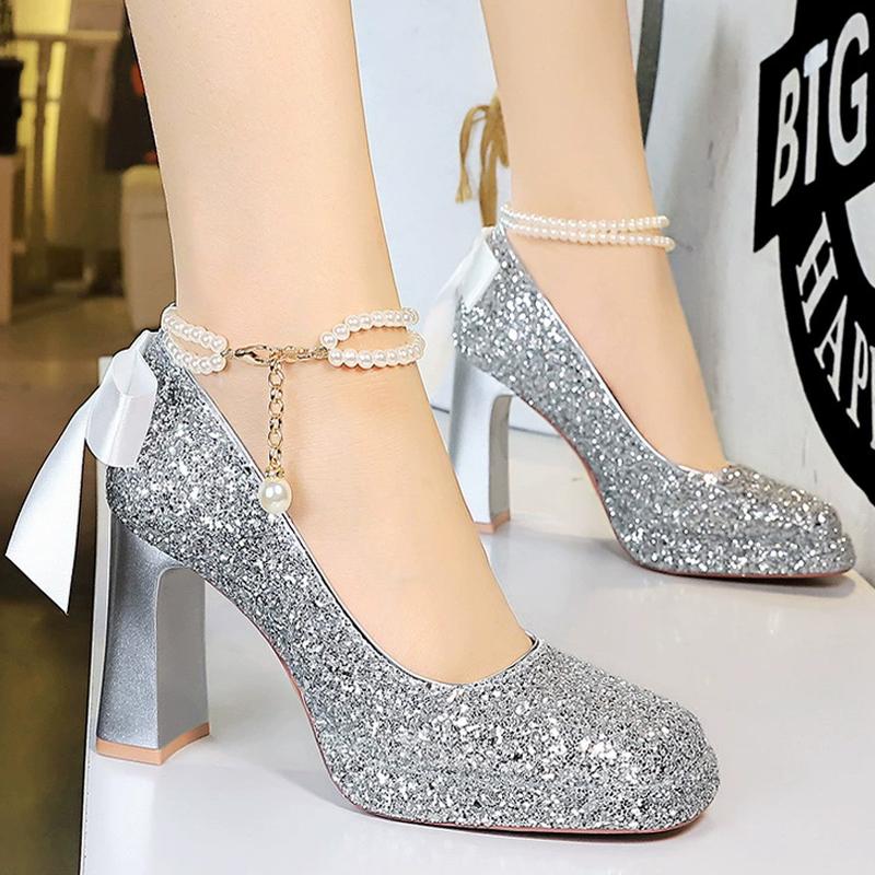 

Туфли 2025 Дизайн с жемчужной цепочкой Женские туфли-лодочки С пайетками Платформа Высокие каблуки Квадратный носок Туфли на толстом каблуке с Женскими каблуками 40