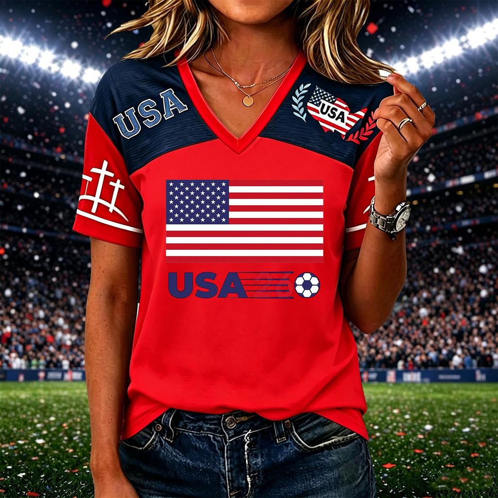 Womens Casual Short Sleeve Soccer Print V Neck Pullover Top Lightweight Breathable Soft Fabric Comfortable Fit
