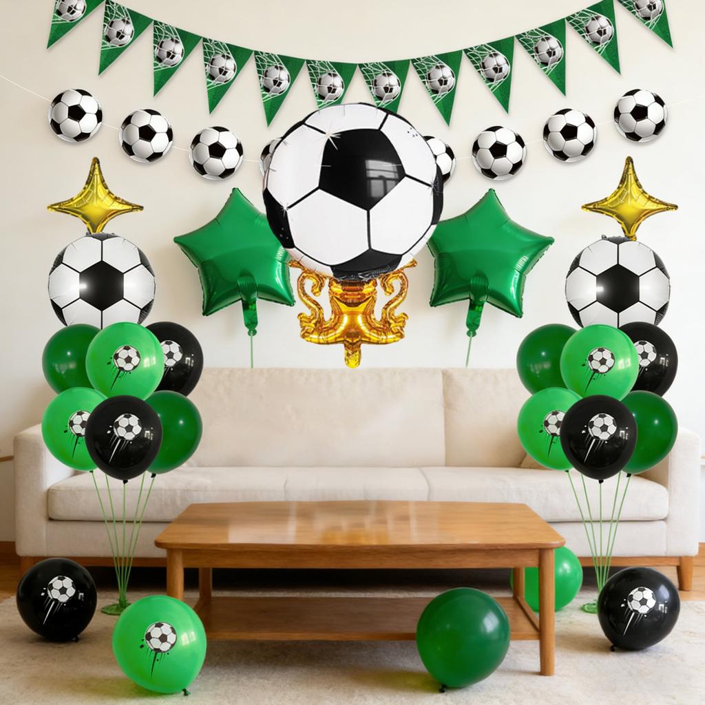 Soccer Themed Party Decorations Set with Balloons Banner Foil Stars and Soccer Ball Print Stickers for Birthday Event Celebration
