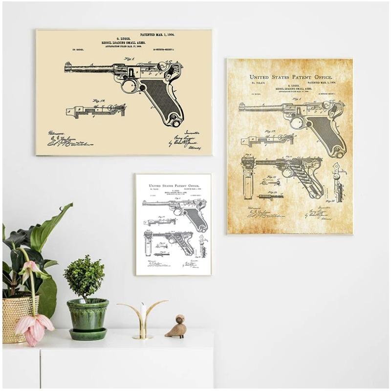 Gun Blueprint Luger Pistol Patent Chart Canvas Painting Posters And Prints Wall Pictures For Living Room Decoration Home Decor