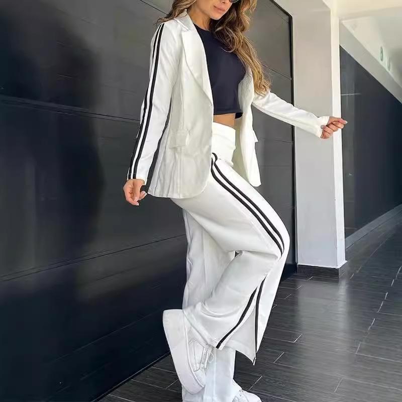 Women's set autumn and winter casual long-sleeved lapel striped blazer and straight pants two-piece set